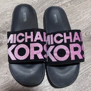 Michael Kors Black Slides with Pink Logo Rhinestones